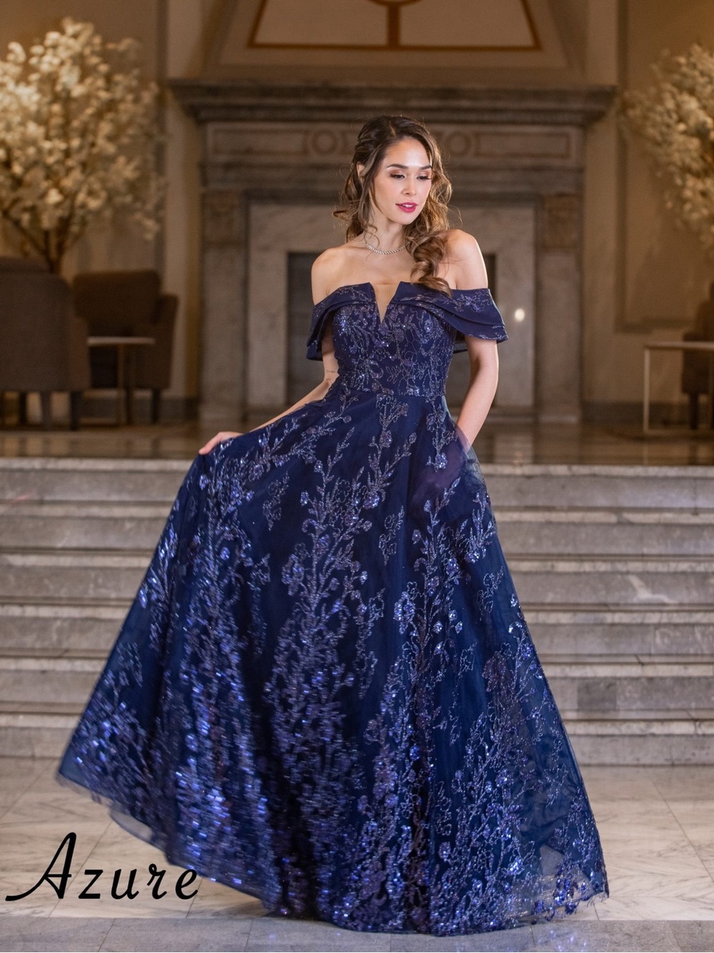 Off-Shoulder Navy Maxi Dress with Purple Embroidered Floral Detail